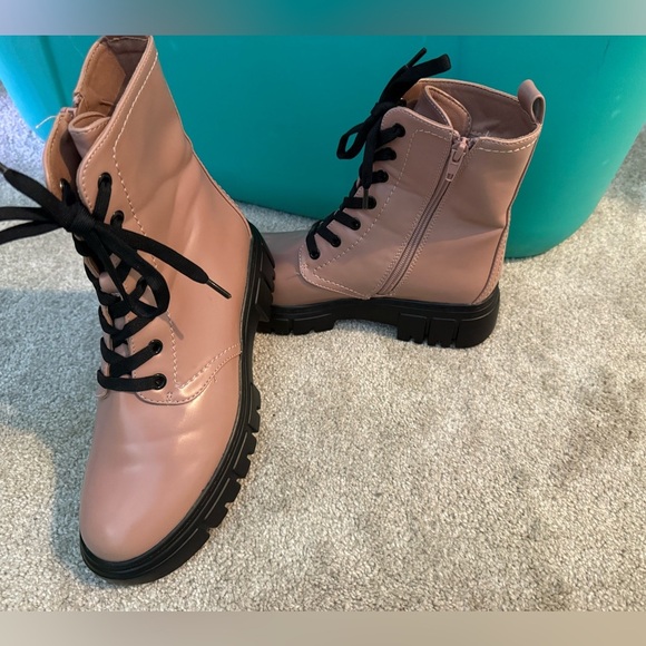 Limelight Pink and Black Combat Moto Boots with Glossy Finish - Picture 3 of 6